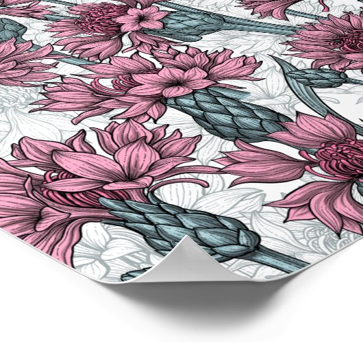 ピンクのトウモロコシの花、白い上に野生の花 ポスター (角)