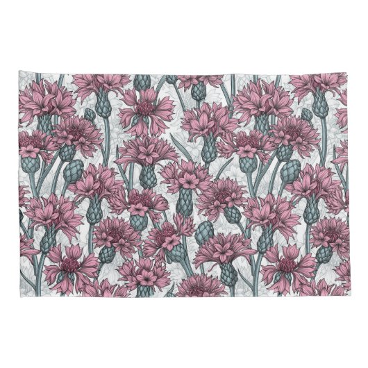 ピンクのトウモロコシの花、白い上に野生の花 枕カバー (裏面-右)