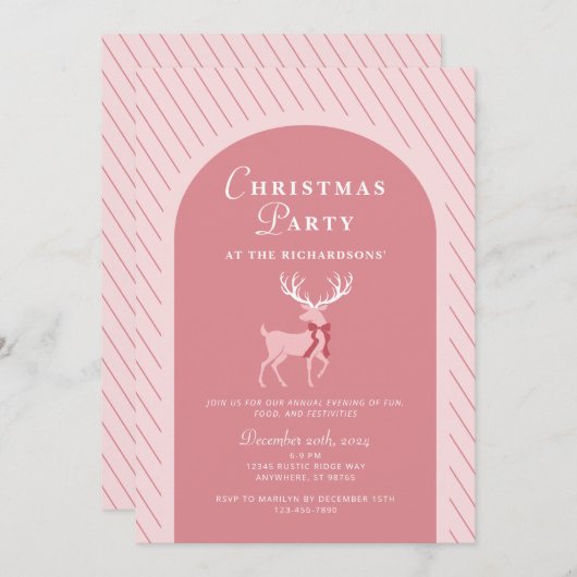 ピンクのトナカイエレガントのクリスマスパーティー 招待状 (正面/裏面)