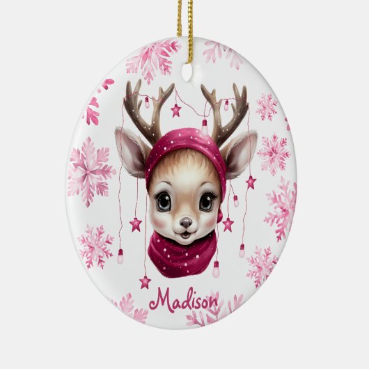 ピンクのトナカイパーソナライズされたキッズマグ セラミックオーナメント (右)