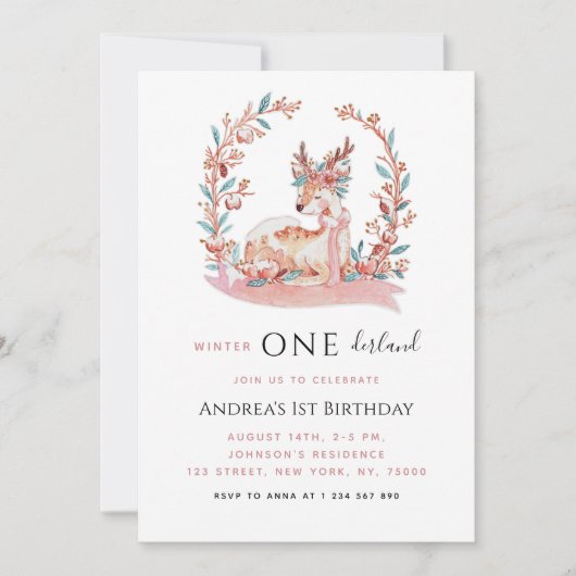 ピンクのトナカイ冬のオネダーランドガール1st誕生日 招待状 (正面)