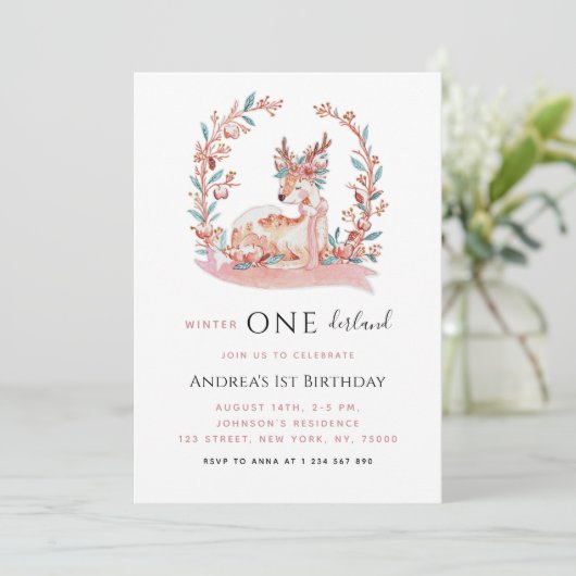 ピンクのトナカイ冬のオネダーランドガール1st誕生日 招待状 (スタンド正面)