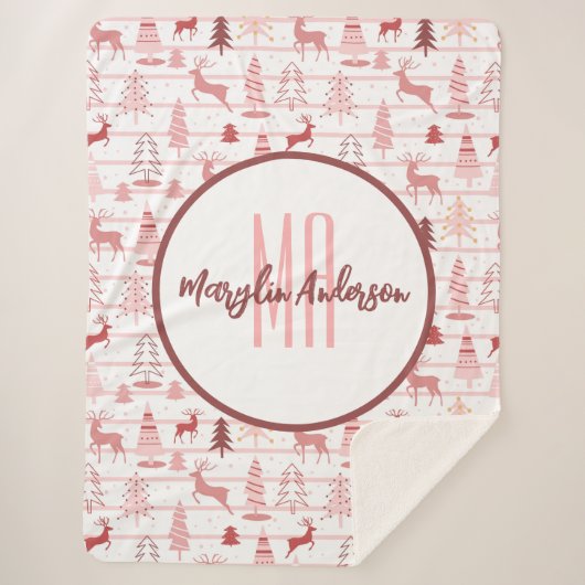ピンクのトナカイ&クリスマスツリーカスタムモノグラム シェルパブランケット (正面)