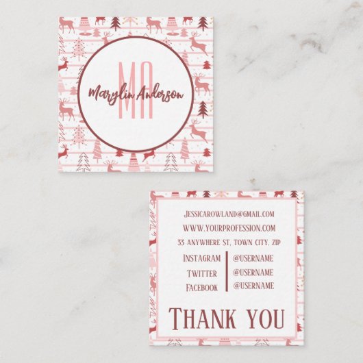 ピンクのトナカイ&クリスマスツリーカスタムモノグラム スクエア名刺 (正面/裏面)