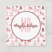 ピンクのトナカイ&クリスマスツリーカスタムモノグラム スクエア名刺 (正面)