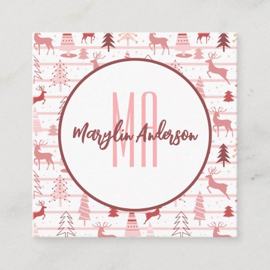 ピンクのトナカイ&クリスマスツリーカスタムモノグラム スクエア名刺 (正面)