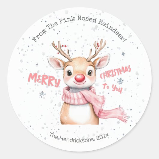 ピンクのトナカイ クリスマス ラウンドシール (正面)