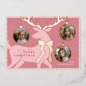 ピンクのトナカイ 3 枚の写真 ローズゴールドホイル ホリデーカード 箔シーズンカード (正面)