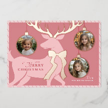 ピンクのトナカイ 3 枚の写真 ローズゴールドホイル ホリデーカード