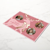 ピンクのトナカイ 3 枚の写真 ローズゴールドホイル ホリデーカード 箔シーズンカード (回転した状態)