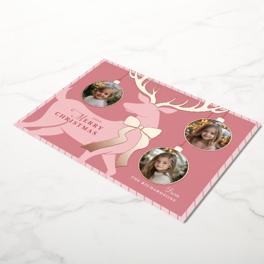 ピンクのトナカイ 3 枚の写真 ローズゴールドホイル ホリデーカード 箔シーズンカード (回転した状態)