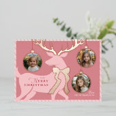 ピンクのトナカイ 3 枚の写真 ローズゴールドホイル ホリデーカード 箔シーズンカード (立ち正面)