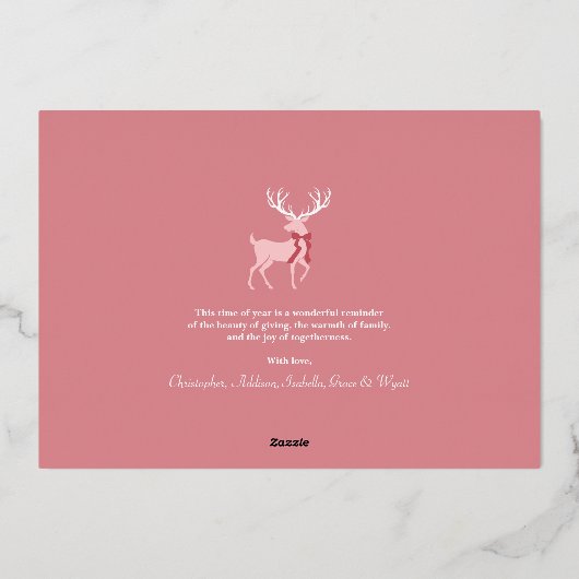 ピンクのトナカイ 3 枚の写真 ローズゴールドホイル ホリデーカード 箔シーズンカード (裏面)