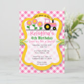 ピンクのトラクターのヒマワリの女の子の誕生会の招待 招待状 (スタンド正面)