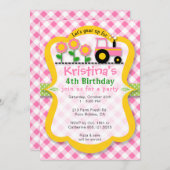 ピンクのトラクターのヒマワリの女の子の誕生会の招待 招待状 (正面/裏面)