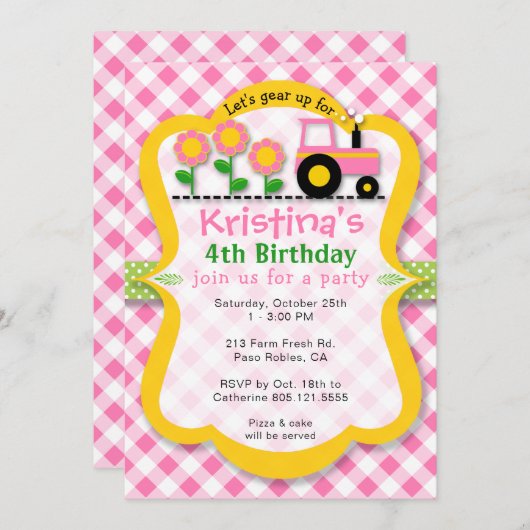 ピンクのトラクターのヒマワリの女の子の誕生会の招待 招待状 (正面/裏面)