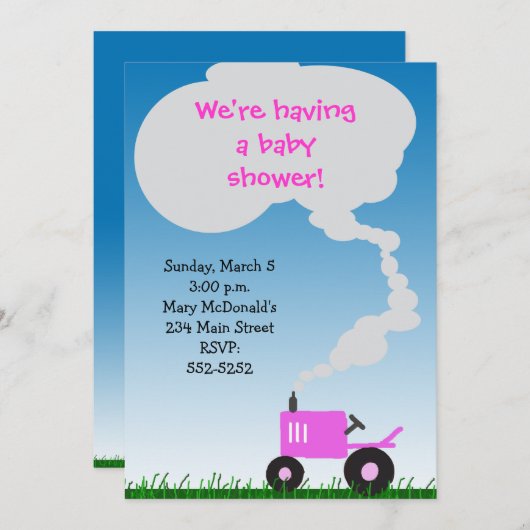 ピンクのトラクターのベビーシャワーの招待状 招待状 (正面/裏面)