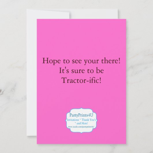 ピンクのトラクターの農場の誕生会の招待 招待状 (裏面)