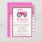 ピンクのトラクターの農場の誕生会の招待 招待状 (正面/裏面)