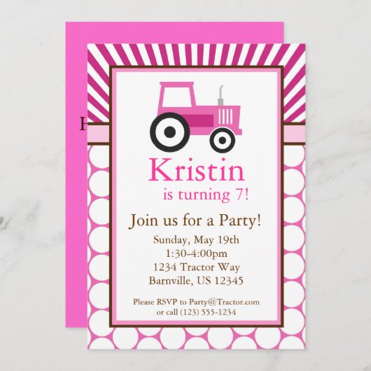 ピンクのトラクターの農場の誕生会の招待 招待状 (正面/裏面)