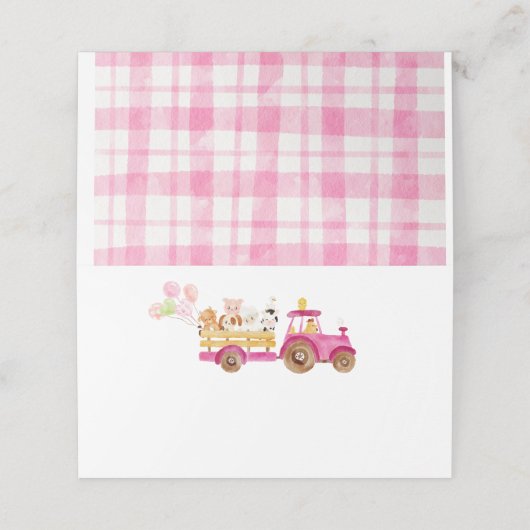 ピンクのトラクターファーム動物の女の子の誕生日の食品ラベル プレイスカード (外部開封)