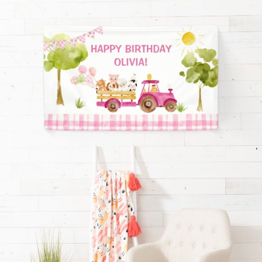 ピンクのトラクターファーム動物の誕生日パーティー 横断幕 (インサイチュ)