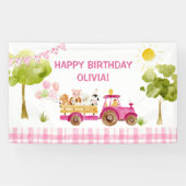 ピンクのトラクターファーム動物の誕生日パーティー 横断幕 (横)