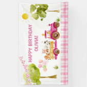 ピンクのトラクターファーム動物の誕生日パーティー 横断幕 (縦)