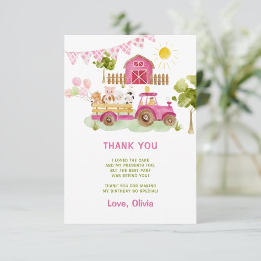 ピンクのトラクターファーム動物の誕生日感謝していあなた カード (スタンド正面)