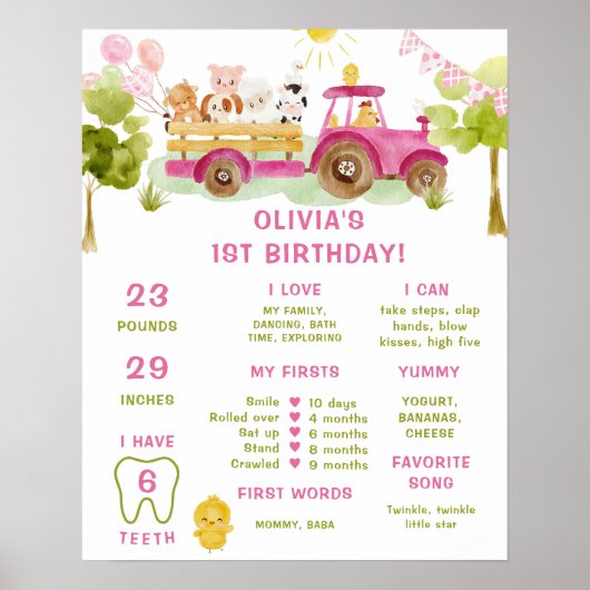 ピンクのトラクターファーム動物インフォグラフィックマイルストーン ポスター (正面)