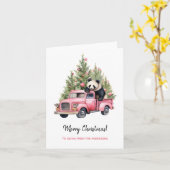 ピンクのトラックのクリスマスツリーのパンダ カード (黄色い花)