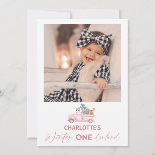 ピンクのトラックの写真ウィンターOnederland 1st誕生日 招待状 (裏面)