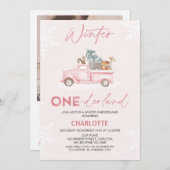 ピンクのトラックの写真ウィンターOnederland 1st誕生日 招待状 (正面/裏面)