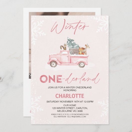 ピンクのトラックの写真ウィンターOnederland 1st誕生日 招待状 (正面/裏面)