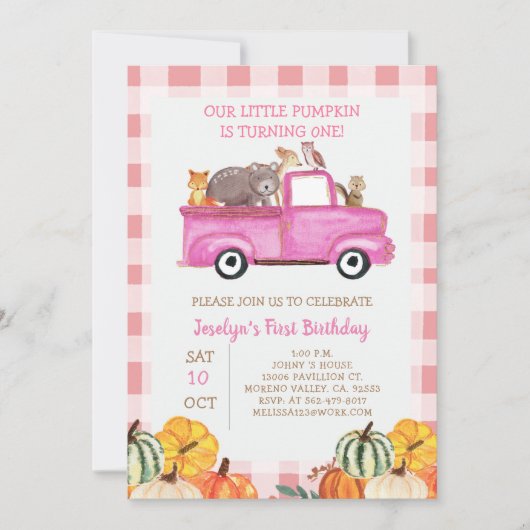 ピンクのトラック用カボチャの動物が1歳の誕生日 招待状 (正面)