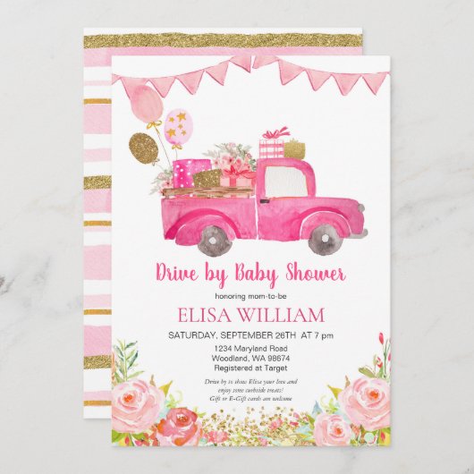 ピンクのトラック駆動バイシャワー招待状 招待状 (正面/裏面)