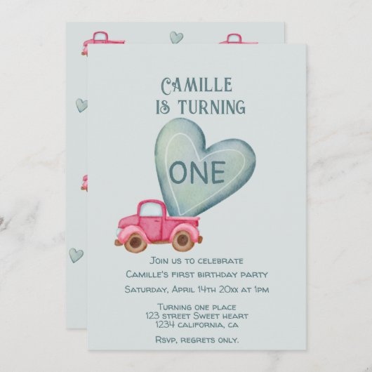 ピンクのトラック&ハート誕生日招待状 招待状 (正面/裏面)