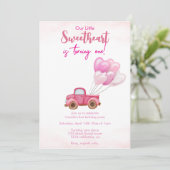 ピンクのトラック&バルーンの誕生日招待状 招待状 (スタンド正面)