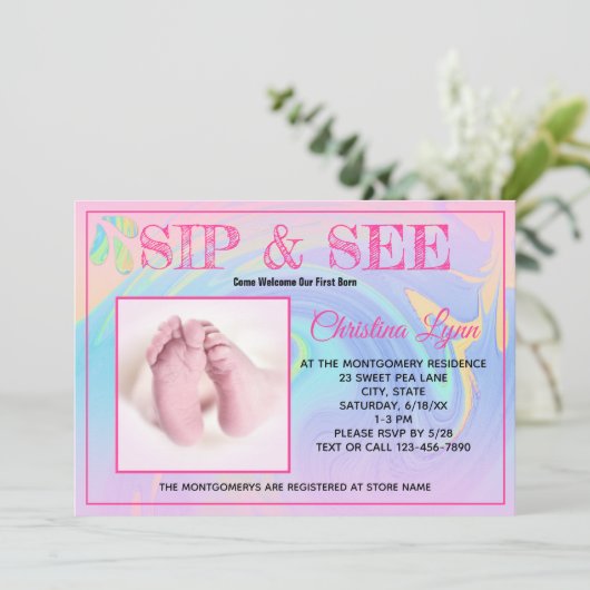 ピンクのトリム新し生まれいSipと見るカスタムの写真 招待状 (スタンド正面)