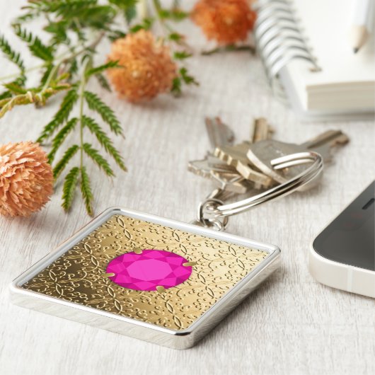 ピンクのトルマリンフェイクジェムを持つ金ゴールド キーホルダー (側面)