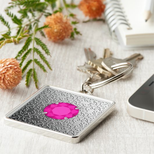 ピンクのトルマリンフェイク宝石を持つシルバーダマスク キーホルダー (側面)