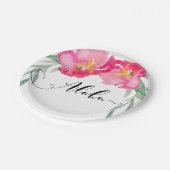 ピンクのトロピカルグリーンの葉の蔓の花のアロハパーティー ペーパープレート (アングル)