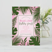 ピンクのトロピカルグリーンの葉 夏の誕生日パーティー 招待状 (スタンド正面)