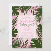 ピンクのトロピカルグリーン離れズ夏の誕生日パーティー 招待状 (正面)