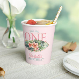 ピンクのトロピカルサーフボードザ・ビッグワンの誕生日 紙コップ