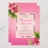 ピンクのトロピカルハイビスカス&葉パーティの招待状 招待状 (正面/裏面)