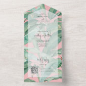 ピンクのトロピカルバナナパーム離れズ結婚ズ オールインワン招待状 (内側)