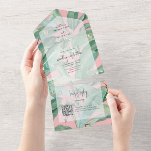 ピンクのトロピカルバナナパーム離れズ結婚ズ オールインワン招待状