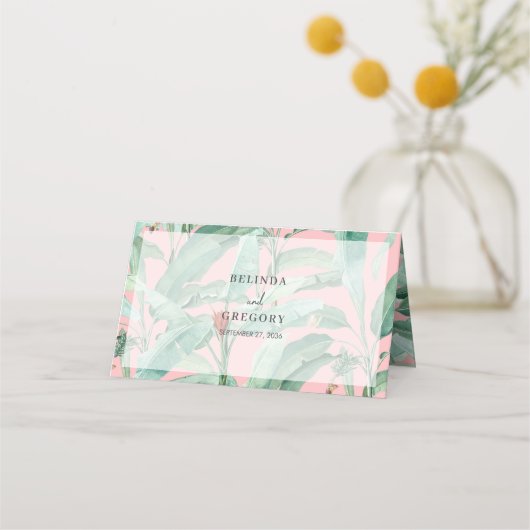 ピンクのトロピカルバナナパーム離れズ結婚ズ プレイスカード (裏面)