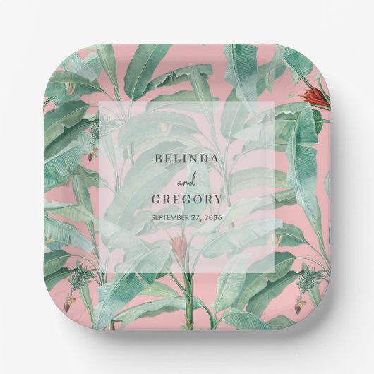 ピンクのトロピカルバナナパーム離れズ結婚ズ ペーパープレート (正面)
